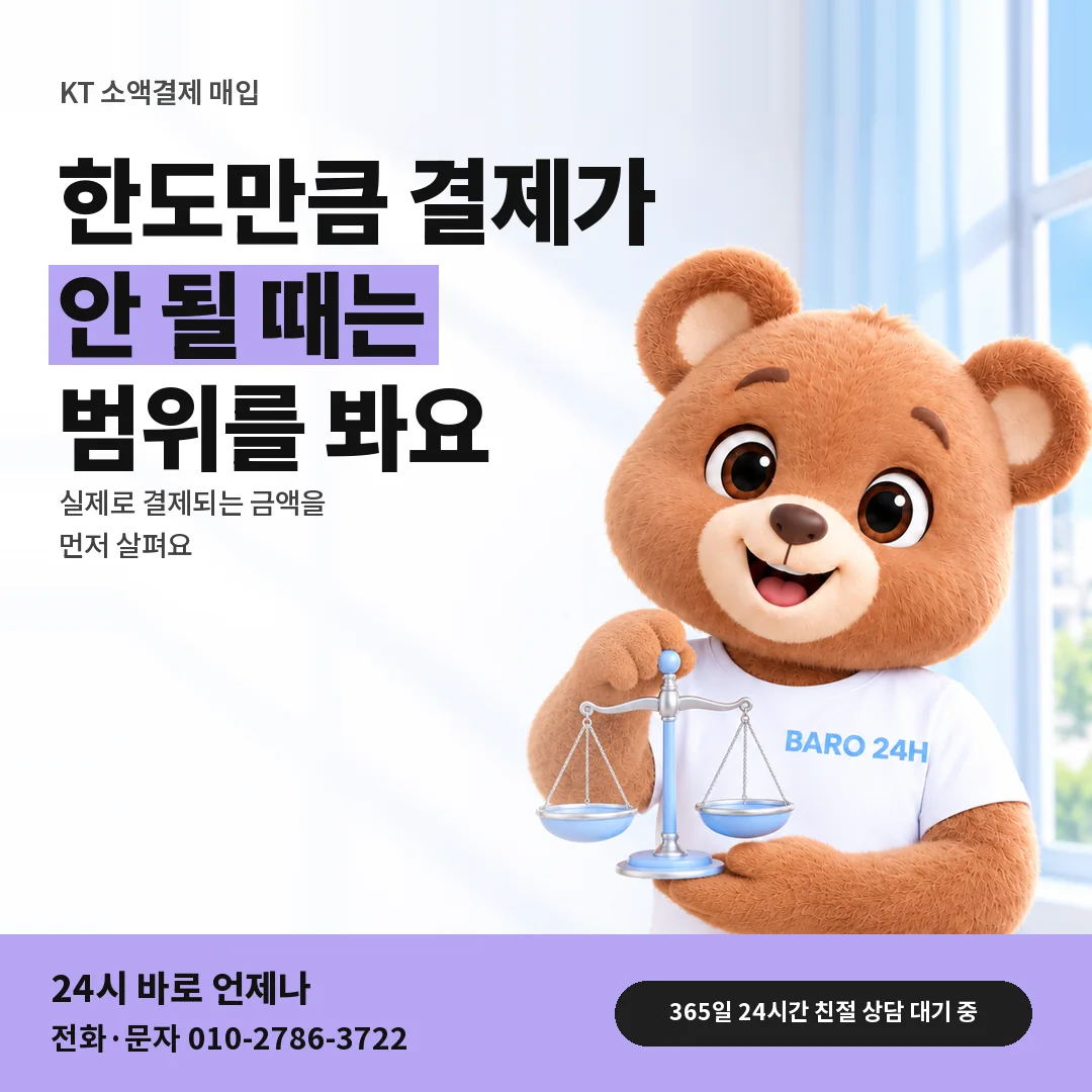 저울을 든 BARO 24H 티셔츠를 입은 3D 곰 캐릭터 옆에 「KT 정책상 결제 범위」 제목을 얹은 안내 카드