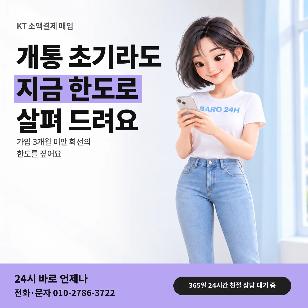 휴대폰을 보며 웃는 BARO 24H 티셔츠를 입은 3D 인물 옆에 「KT 개통 초기 회선 한도」 제목을 얹은 안내 카드