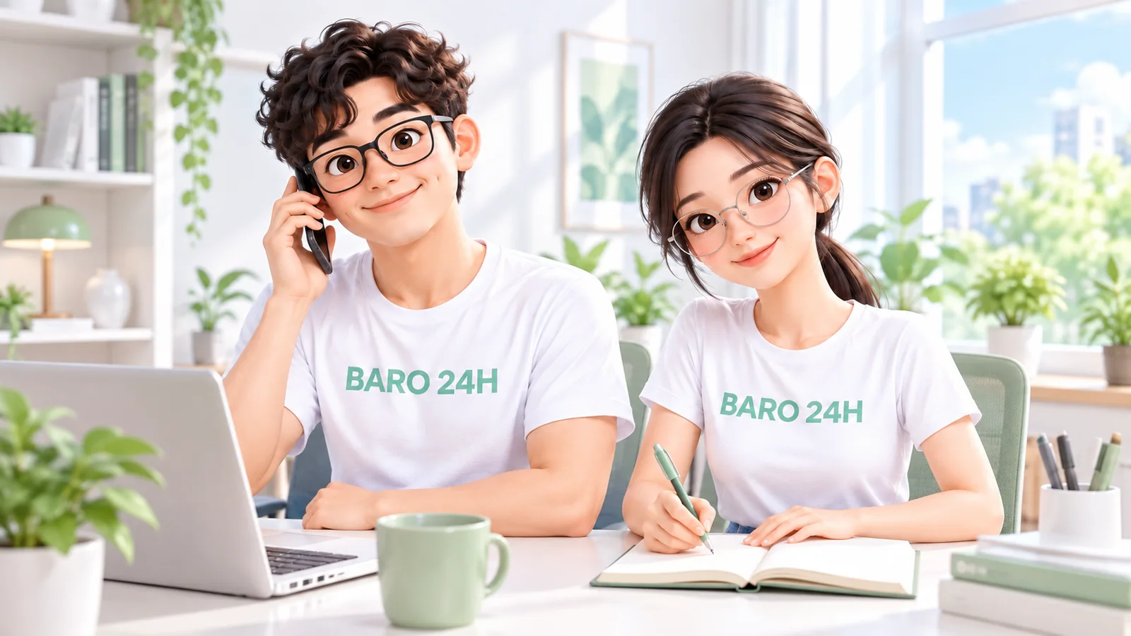 카페 같은 밝은 방에서 휴대폰과 노트북으로 상담 내용을 함께 보는 BARO 24H 티셔츠 차림의 3D 인물